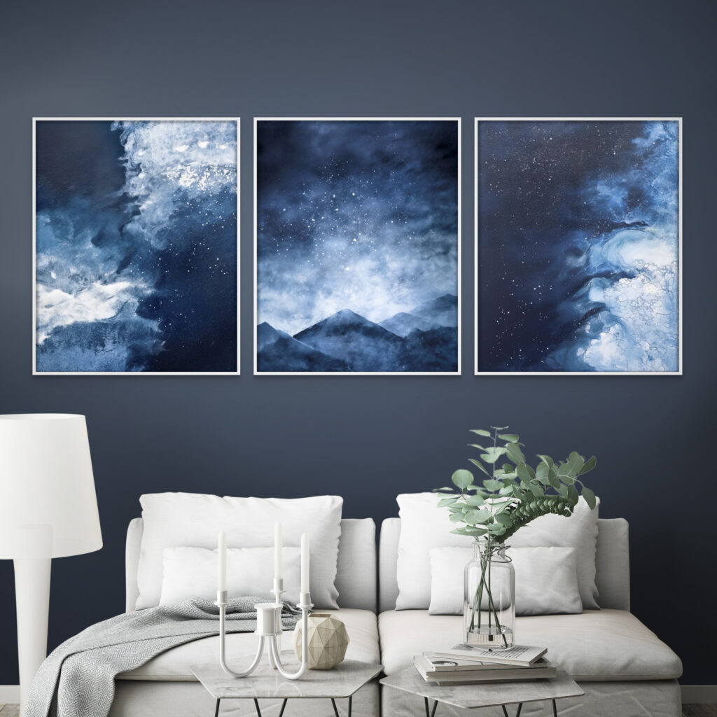 Set of 3 Framed Posters - Frozen Starlight - Night Sky and Icy Water Abstract Wall Art over a modern light sofa and marble coffee tables