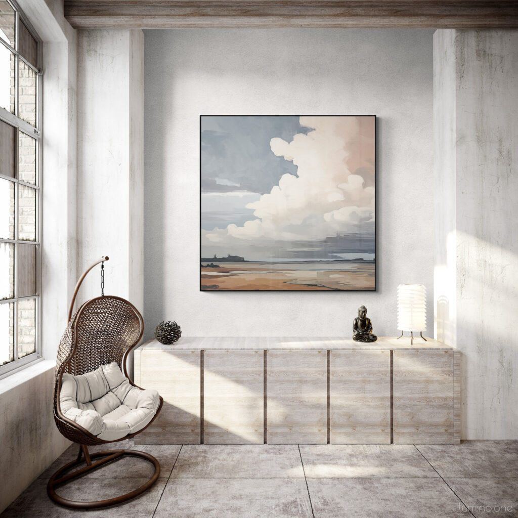 Sunset Sky Landscape Painting in a concrete wall living room with rattan egg chair and wooden cabinet