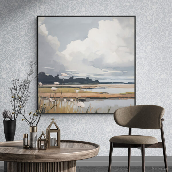 Clouds & Wildflowers Landscape Painting in a coxy lounge with round walnut coffee table