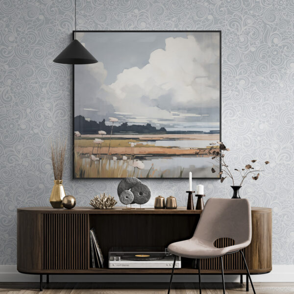Clouds & Wildflowers Landscape Painting over a mid century modern wooden cabinet and char