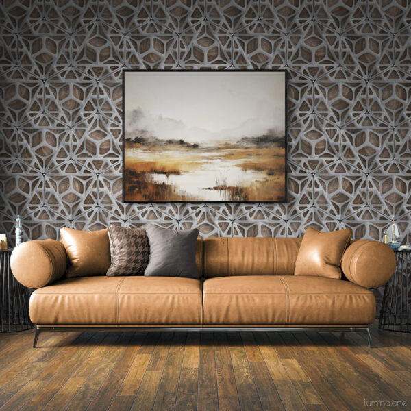 Coastal Serenity at Dusk - Fog Wall Art in a Modern Living Room with Leather Sofa