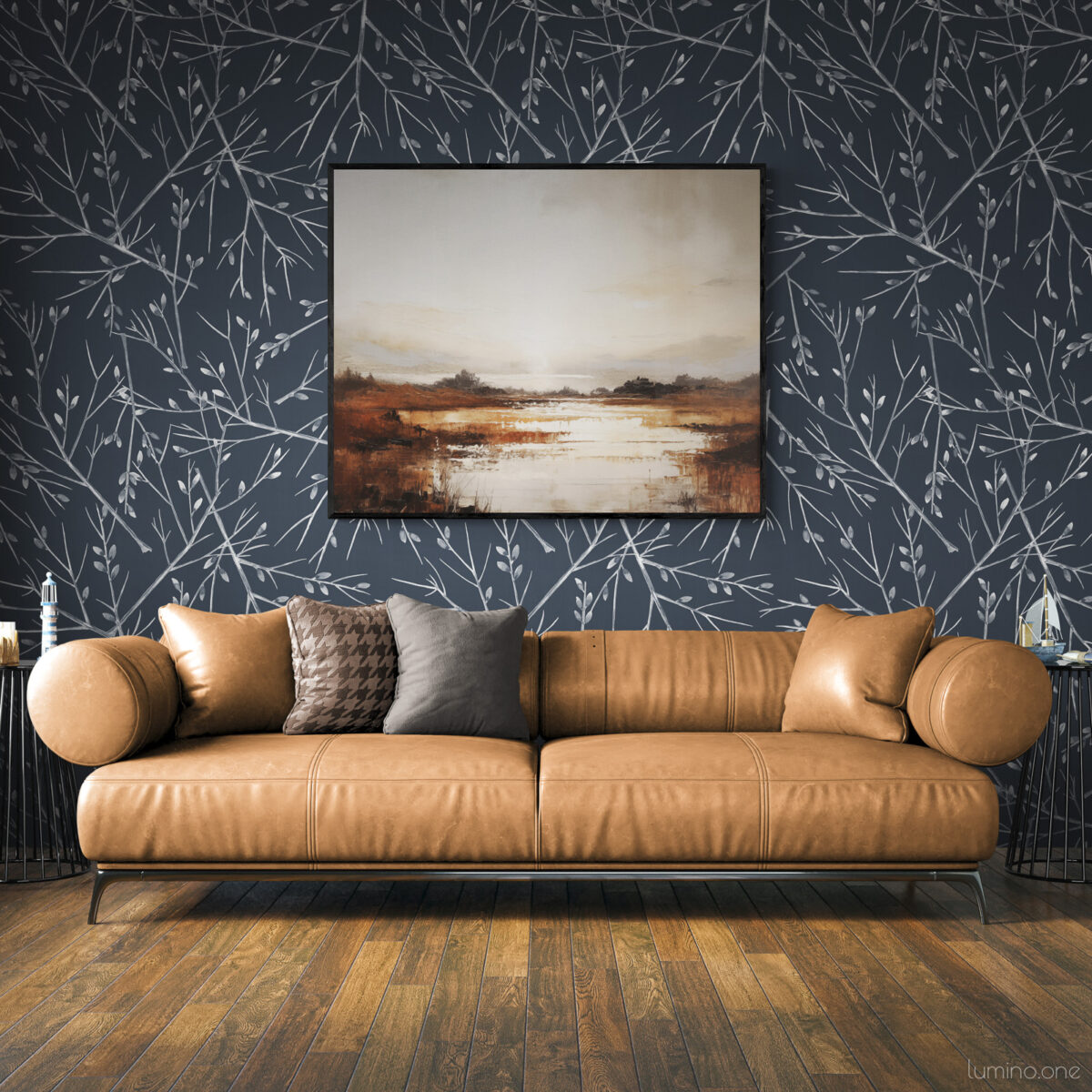 Coastal Serenity at Dusk - Sunset Wall Art in a Modern Living Room with Leather Sofa