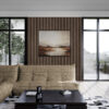 Coastal Serenity at Dusk - Sunset Wall Art in a Spacious Living Room with Modern Interior and Large Window Views