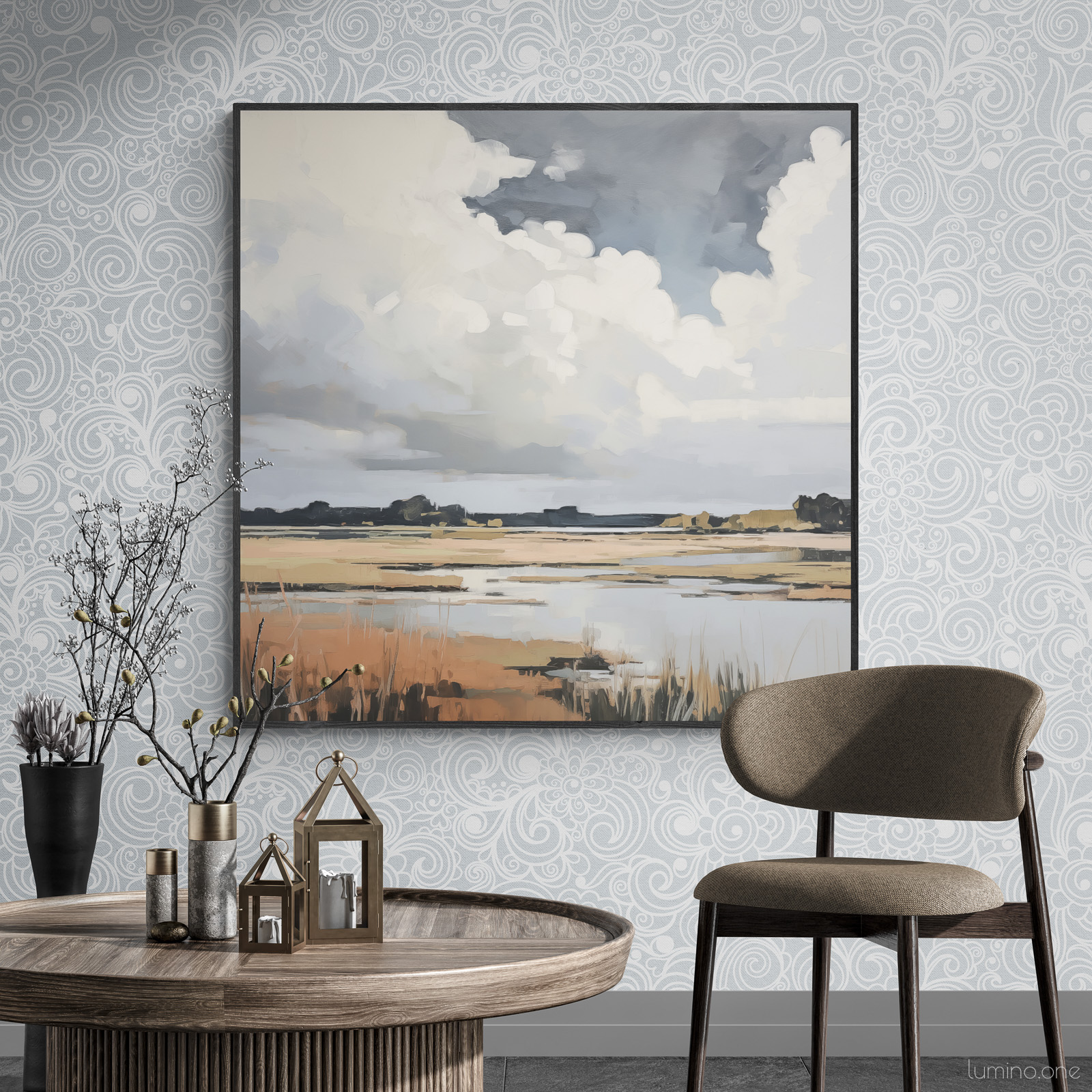 Coastal Sky Landscape Painting in a coxy lounge with round walnut coffee table