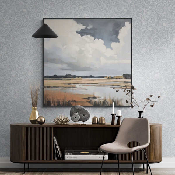 Coastal Sky Landscape Painting over a mid century modern wooden cabinet and char