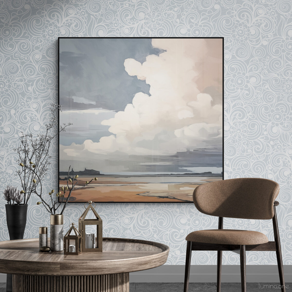 Sunset Sky Landscape Painting in a cozy lounge with round walnut coffee table