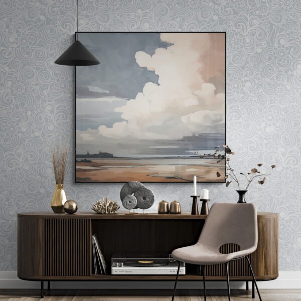 Sunset Sky Landscape Painting over a mid century modern wooden c