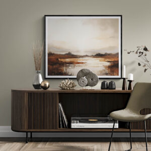 Coastal Serenity at Dusk - Sunset Wall Art in a Lounge with Mid Century Modern Wooden Cabinet