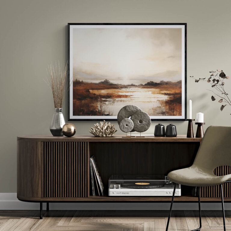 Coastal Serenity at Dusk - Sunset Wall Art in a Lounge with Mid Century Modern Wooden Cabinet