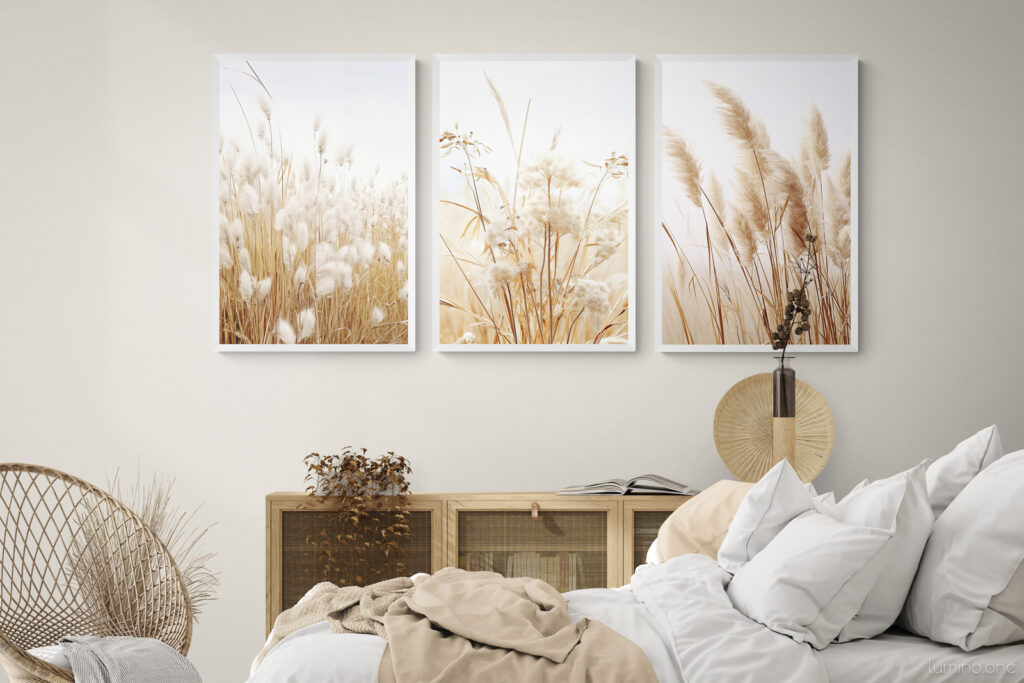 Dried Grass Wall Art, Set of 3, in a boho bedroom with natural wooden furniture