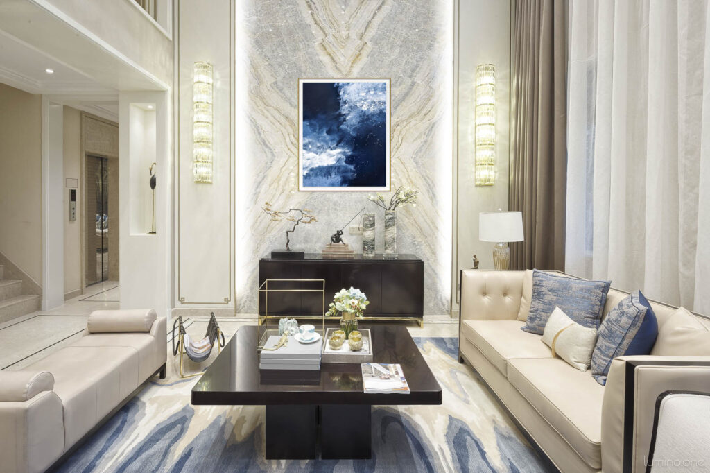 Frozen Starlight Currents - Night Sky and Icy Water Abstract Wall Art in a luxury hotel lobby