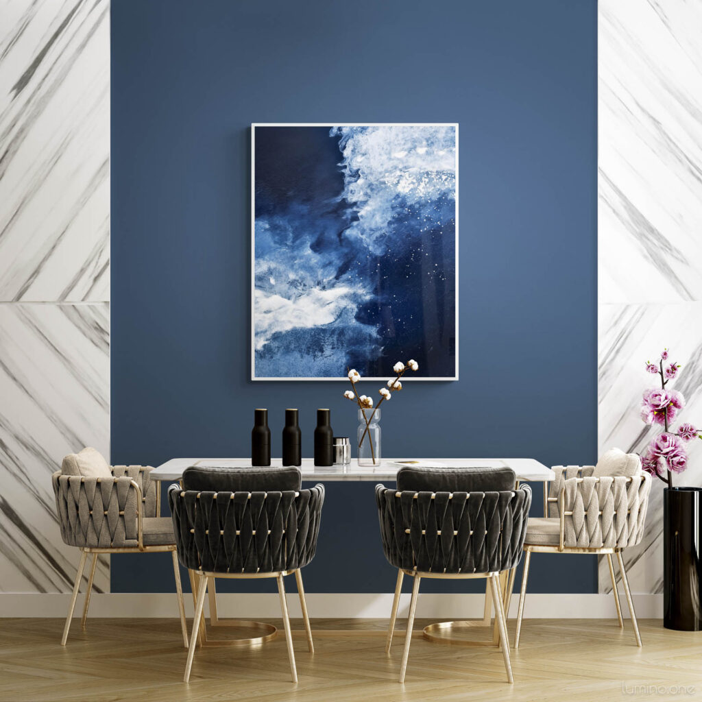 Frozen Starlight Currents - Night Sky and Icy Water Abstract Wall Art over a modern dining room table