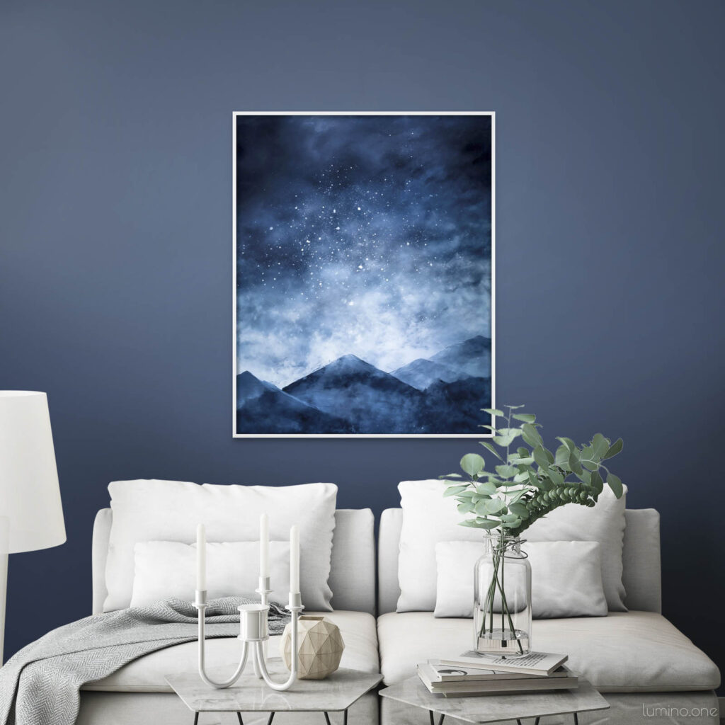 Frozen Starlight Mountains - Night Sky and Icy Mountains Abstract Wall Art over a modern light sofa and marble coffee tables7