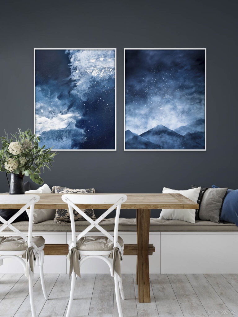 Frozen Starlight Wall Art Collection, Set of 2 - Night Sky and Icy Mountains Abstract Wall Art in a farmhouse dining room with wooden table and a bench