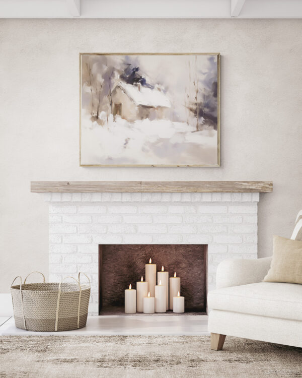 Snowy Winter Scene Purple Barn Abstract Wall Art Painting over a Brick Fireplace in a Cozy Contemporary Living Room with Armchair and Jute Basket