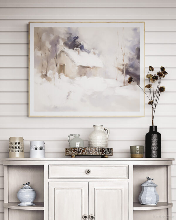 Snowy Winter Scene Purple Barn Abstract Wall Art Painting over a Rustic Farmhouse Cupboard Cabinet