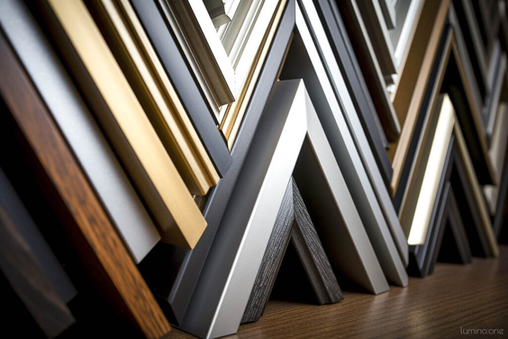 An assortment of frames, wooden, metal, black, white, stacked on a shelf