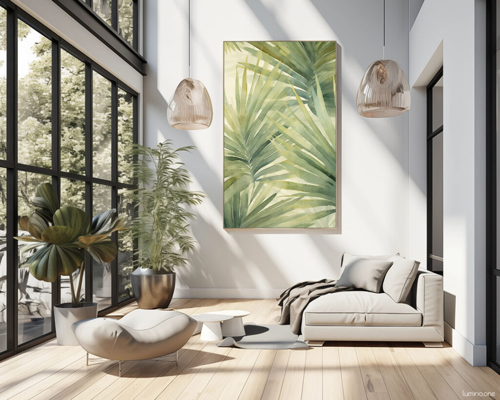 Tropical Palm Leaves Art Gallery Wall in Spacious Living Room with Large Windows and Plants