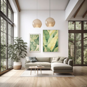 Tropical Art Gallery Wall in Spacious Living Room with Plants and High Ceilings