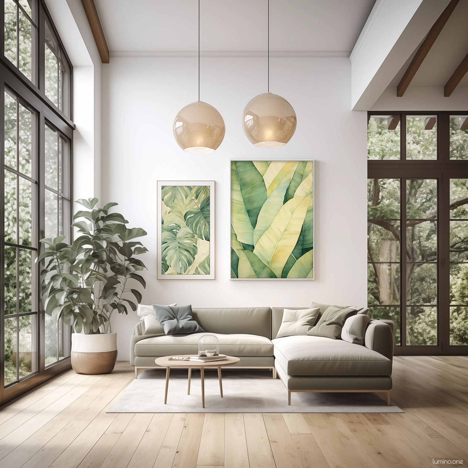 Tropical Art Gallery Wall in Spacious Living Room with Plants and High Ceilings