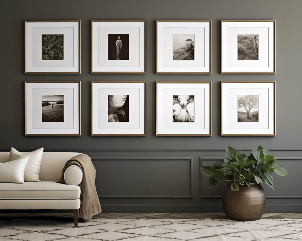 Classic Gallery Wall with High End Frames and Luxury Mats in a Traditional Living Room