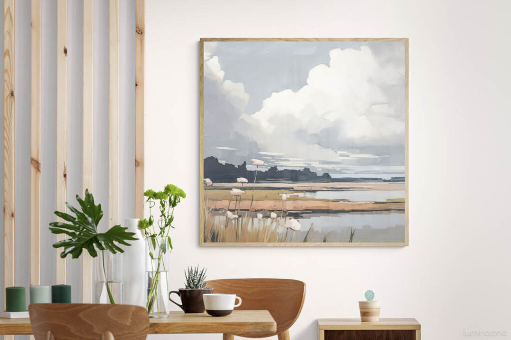 Clouds and Wildflowers Landscape Painting in a Scandinavian Dining Room