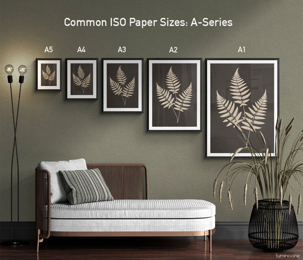 Common ISO 216 Paper Sizes A1 to A5 in a Boho Living Room with Chaise Lounger