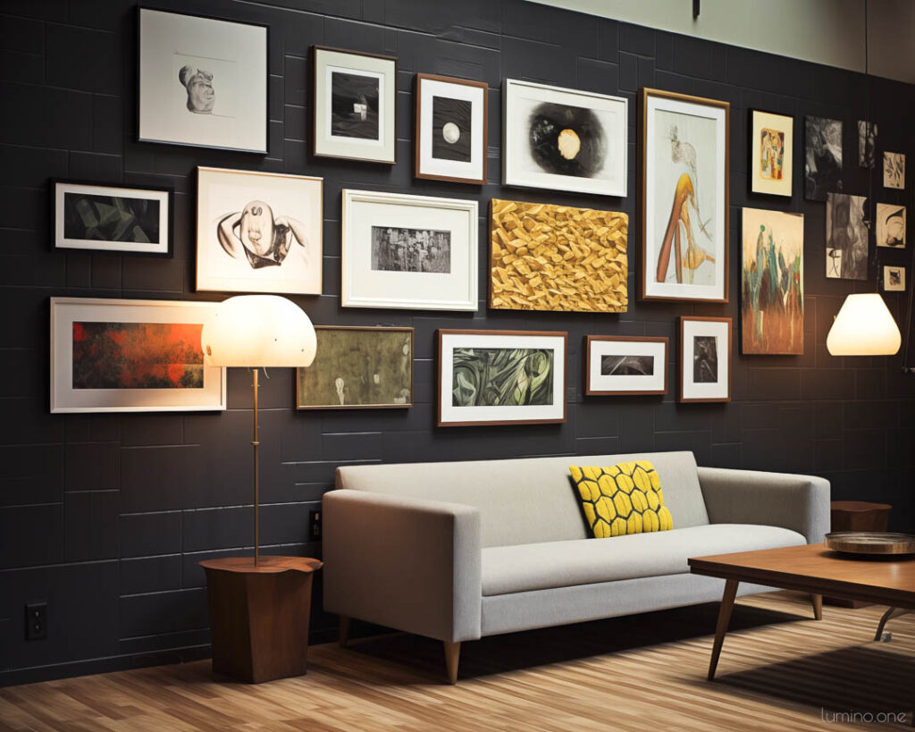 High-End Eclectic Gallery Wall on a Dark Brick Textured Wall in a Moody Living Room