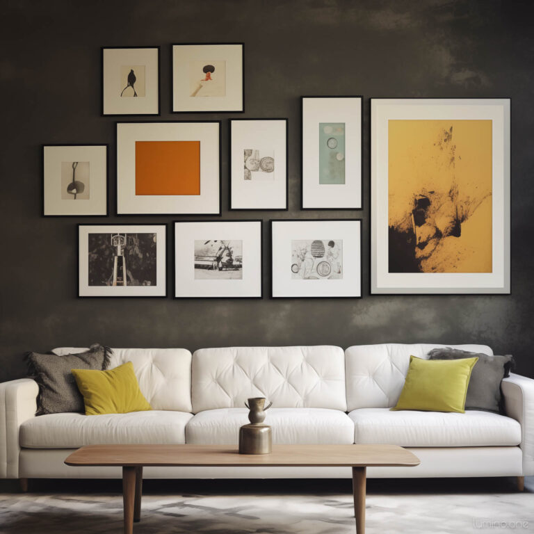 High End Eclectic Gallery Wall on a Dark Textured Wall in a Modern Living Room with White Sofa