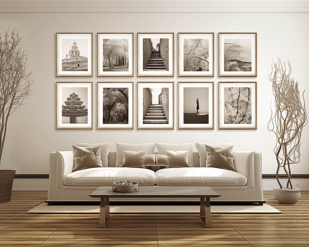 High End Gallery Wall in Monochrome Sepia Theme and Beige Living Room Interior