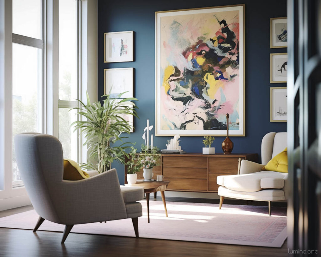Oversized Gallery Wall with Vivid Colorful Abstract Artworks Pink Yellow Blue in a Cozy Living Room