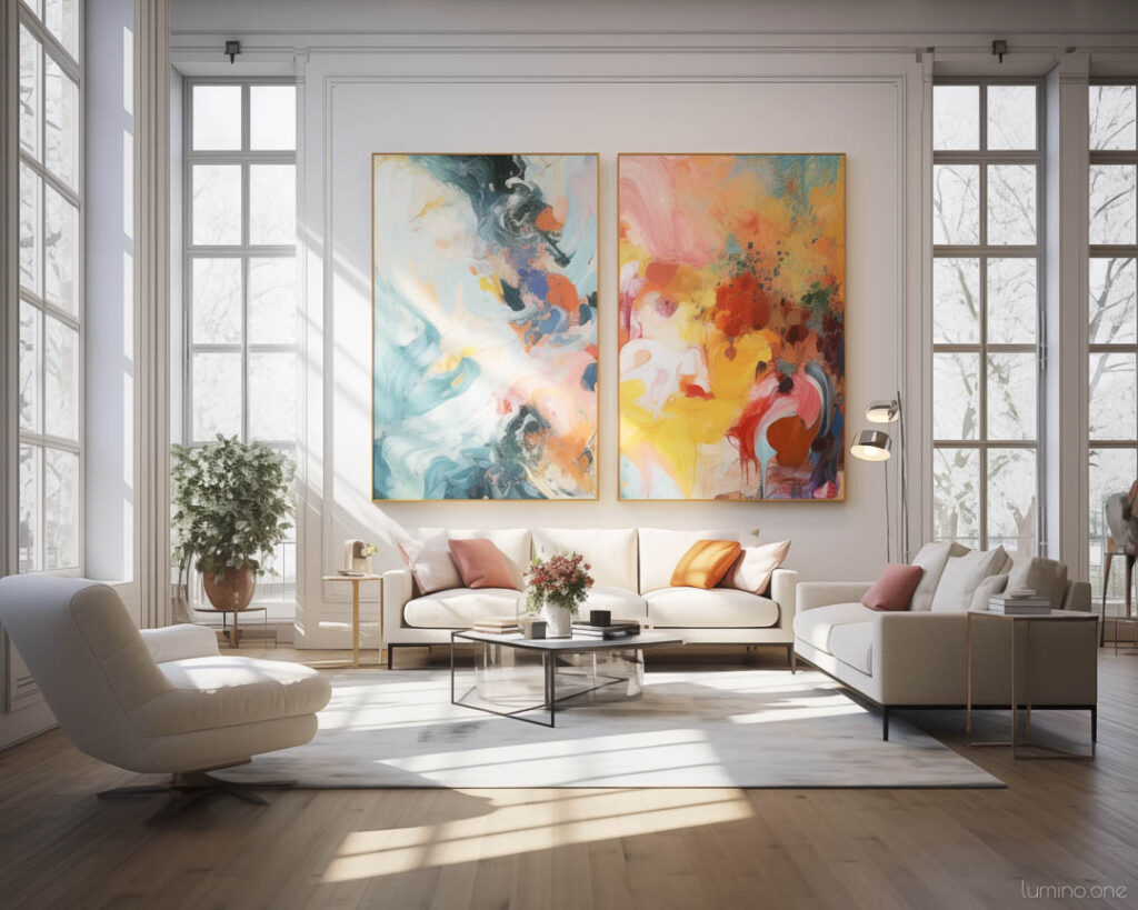 Oversized Gallery Wall with Vivid Colorful Abstract Artworks Red Yellow Blue in a Spacious Living Room