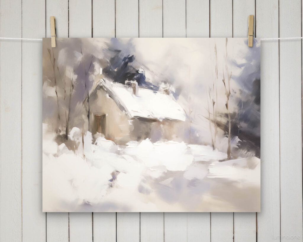 Snowy Winter Scene Purple Barn Abstract Wall Art Painting hanging on clothes pin with a shiplap wall in the background