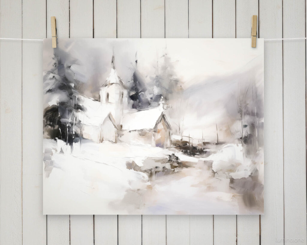 Snowy Winter Scene Purple Church Abstract Wall Art Painting hanging on clothes pin with a shiplap wall in the background