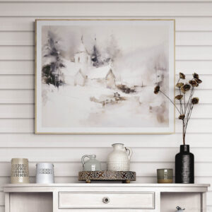 Snowy Winter Scene Purple Church Abstract Wall Art Painting over a Rustic Farmhouse Cupboard Cabinet