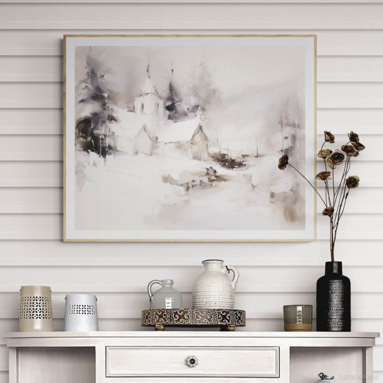 Snowy Winter Scene Purple Church Abstract Wall Art Painting over a Rustic Farmhouse Cupboard Cabinet
