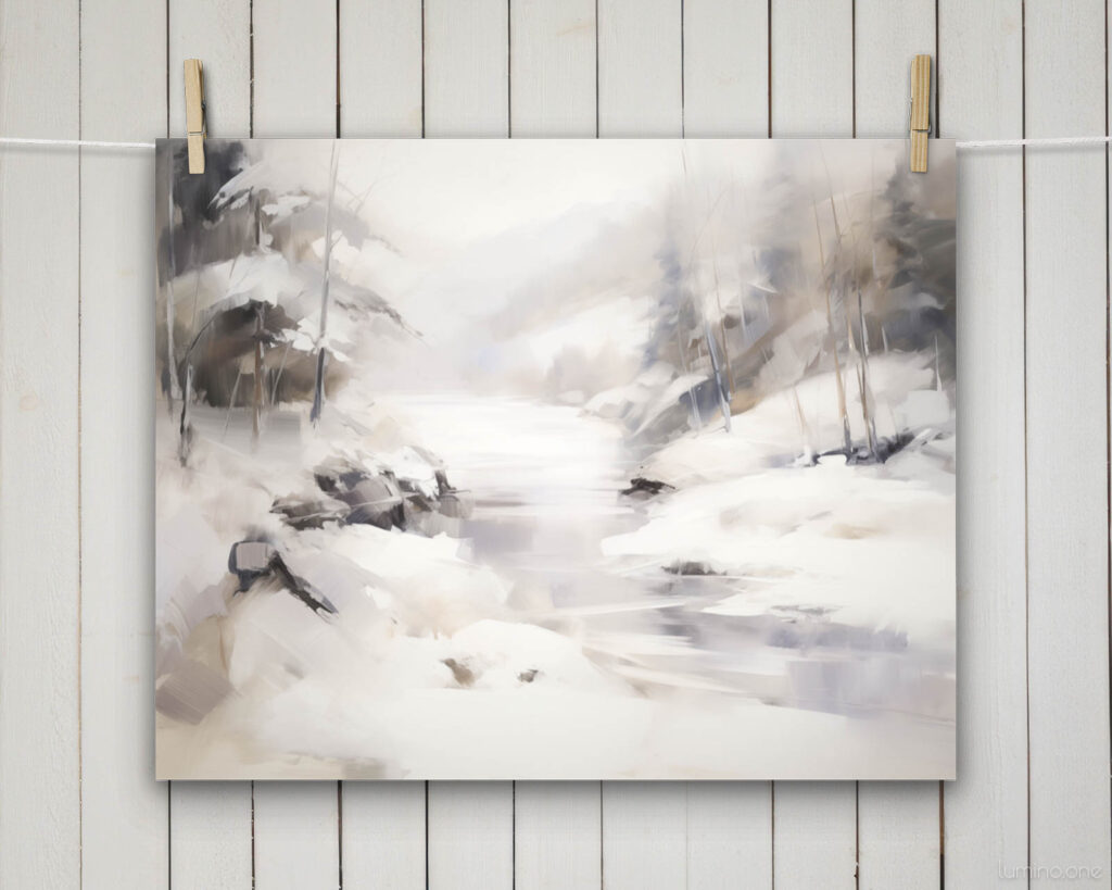 Snowy Winter Scene Purple River Abstract Wall Art Painting hanging on clothes pin with a shiplap wall in the background