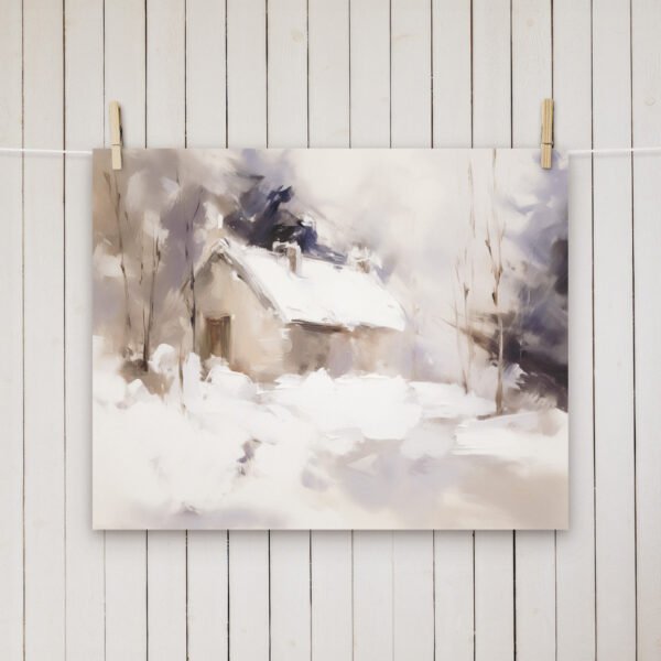Snowy Winter Scene Purple Barn Abstract Wall Art Painting hanging on clothes pin with a shiplap wall in the background