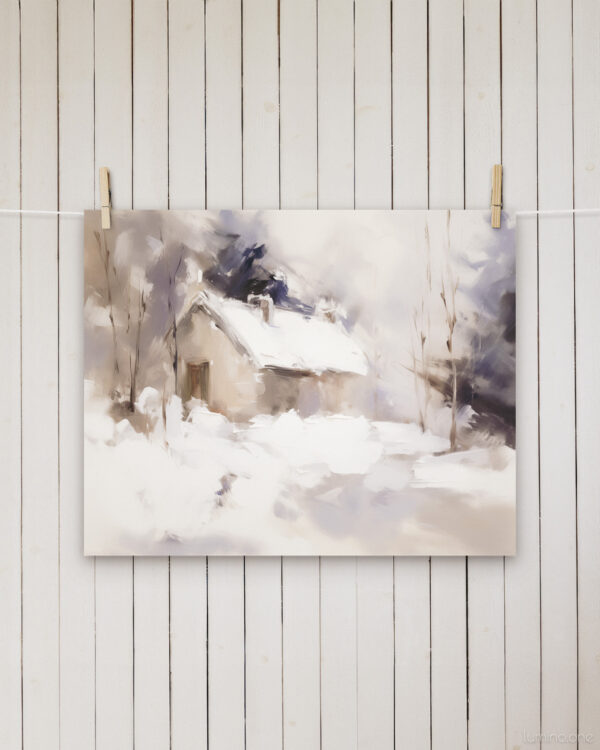 Snowy Winter Scene Purple Barn Abstract Wall Art Painting hanging on clothes pin with a shiplap wall in the background