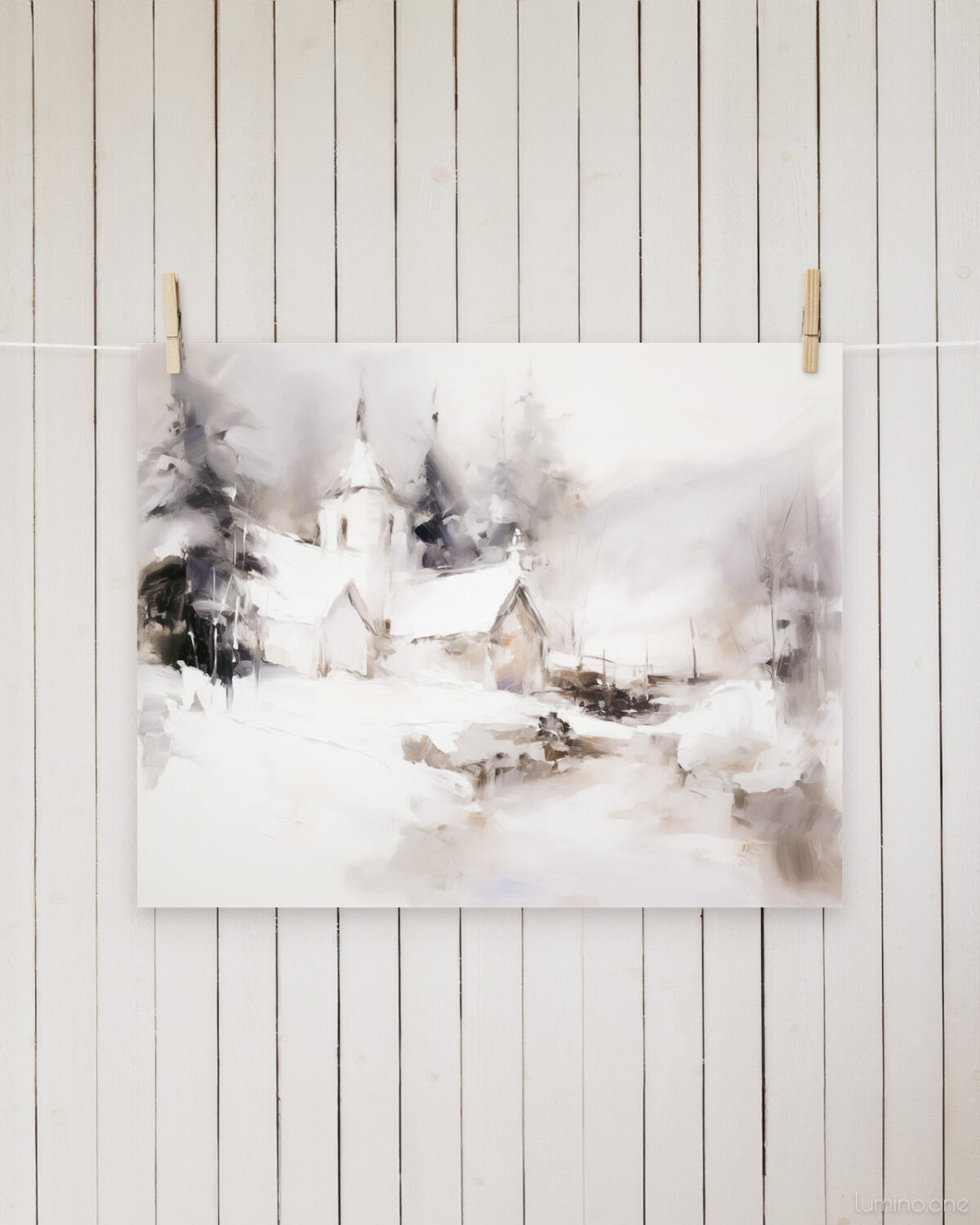 Snowy Winter Scene Purple Church Abstract Wall Art Painting hanging on clothes pin with a shiplap wall in the background