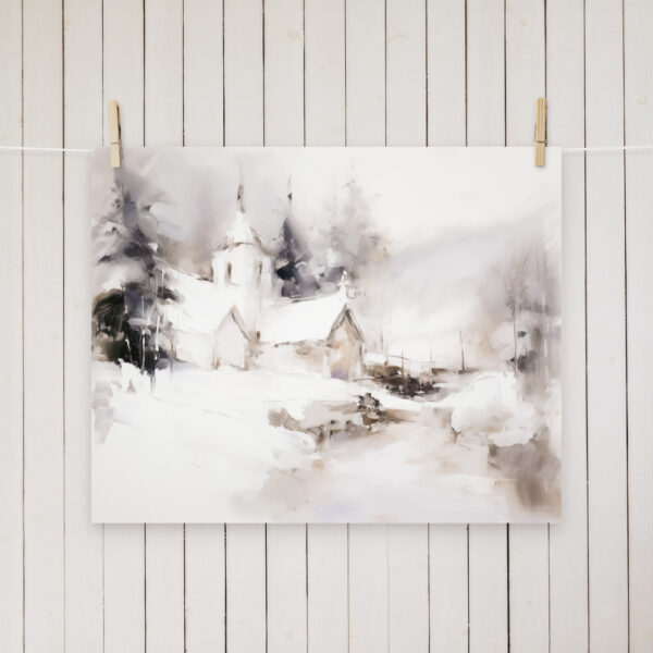 Snowy Winter Scene Purple Church Abstract Wall Art Painting hanging on clothes pin with a shiplap wall in the background