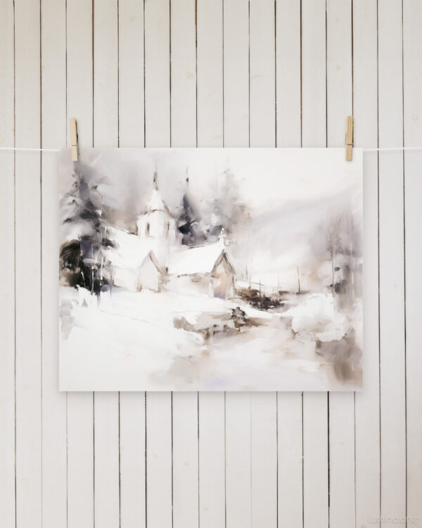 Snowy Winter Scene Purple Church Abstract Wall Art Painting hanging on clothes pin with a shiplap wall in the background