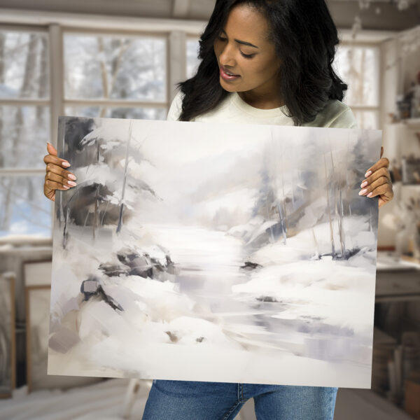 Snowy Winter Scene Purple River Abstract Wall Art Painting, Woman holding an art poster in rustic cottage