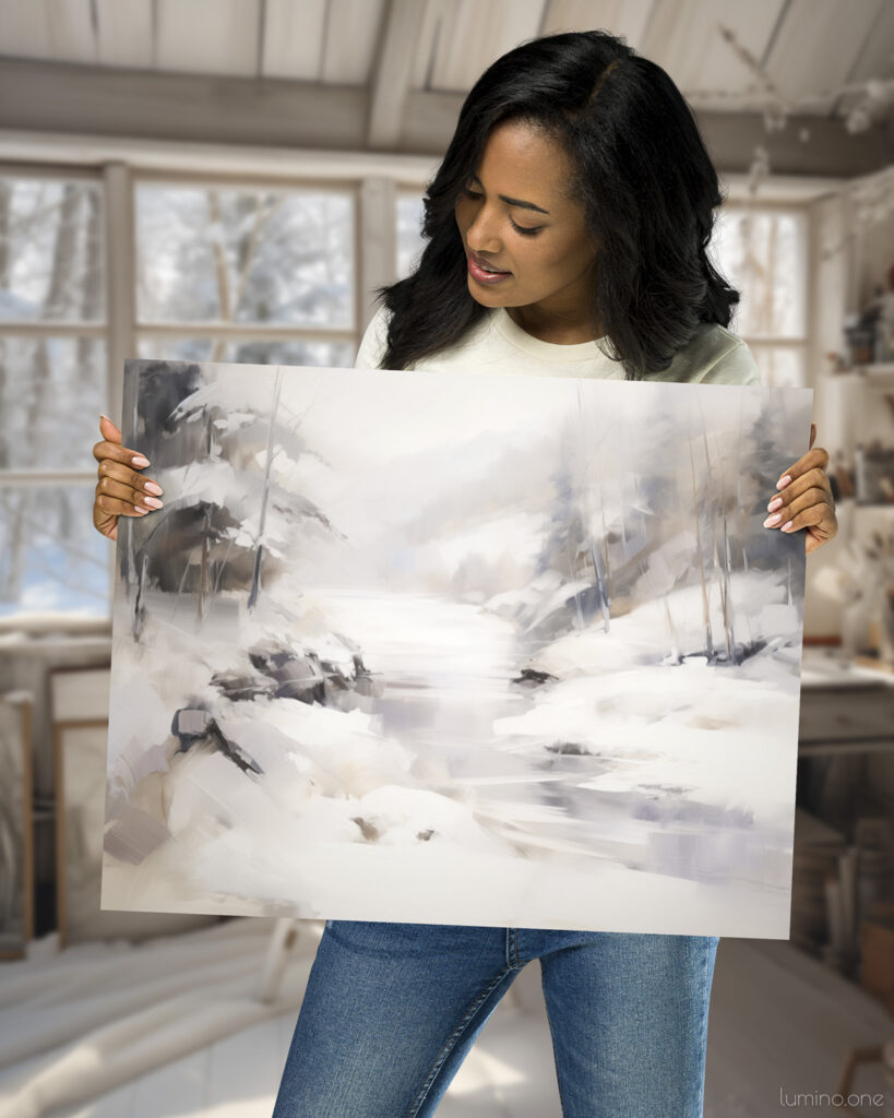 Snowy Winter Scene Purple River Abstract Wall Art Painting, Woman holding an art poster in rustic cottage