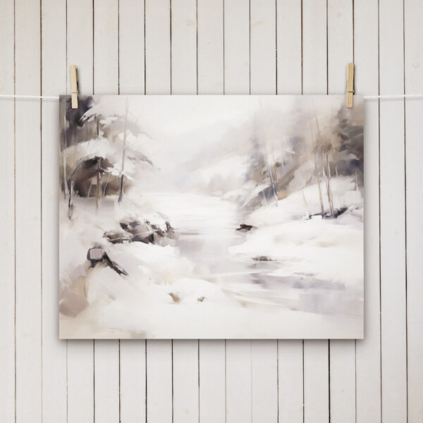 Snowy Winter Scene Purple River Abstract Wall Art Painting hanging on clothes pin with a shiplap wall in the background