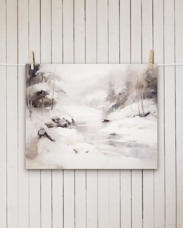 Snowy Winter Scene Purple River Abstract Wall Art Painting hanging on clothes pin with a shiplap wall in the background