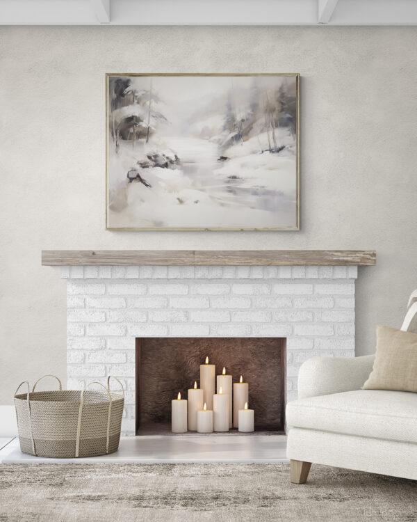 Snowy Winter Scene Purple River Abstract Wall Art Painting over a Brick Fireplace in a Cozy Contemporary Living Room with Armchair and Jute Basket