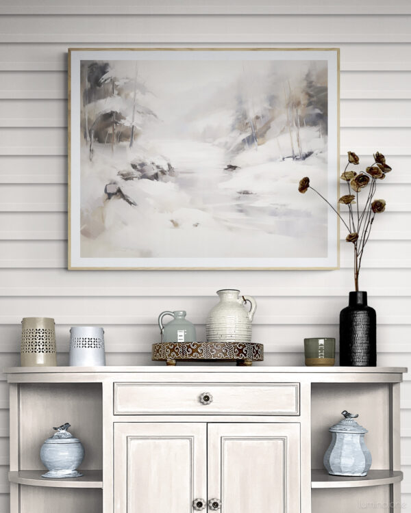 Snowy Winter Scene Purple River Abstract Wall Art Painting over a Rustic Farmhouse Cupboard Cabinet