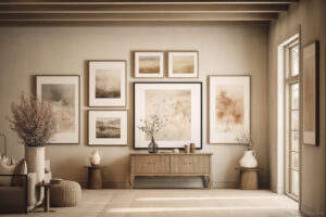 A Gallery Wall in a Neutral Nature Theme in a Rustic Traditional Living Room