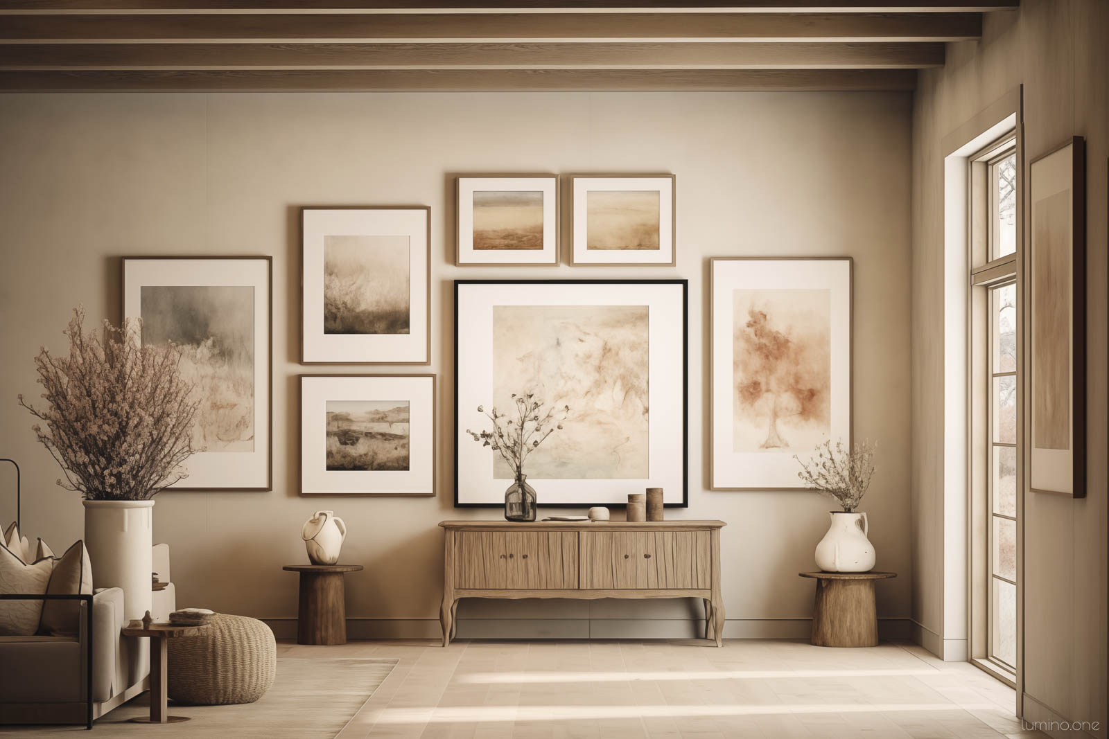 A Gallery Wall in a Neutral Nature Theme in a Rustic Traditional Living Room